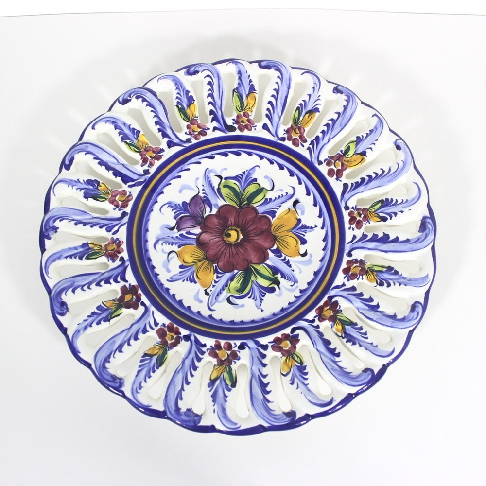 Vintage Hand Painted Reticulated Pottery Wall Plate Portuguese Floral Ceramic